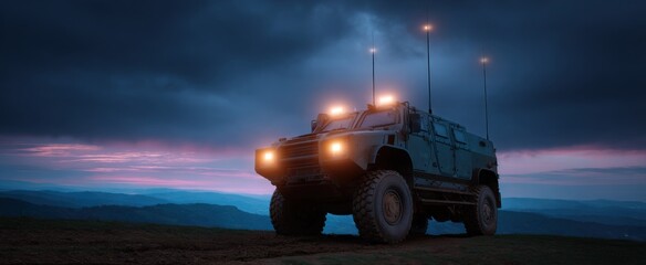 Electronic warfare jammer system engaged on military vehicle during dusk operations.