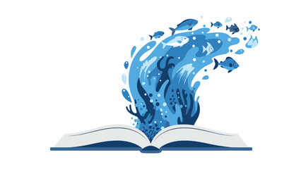 Illustration of an open book with a wave of blue water and fish coming out of it