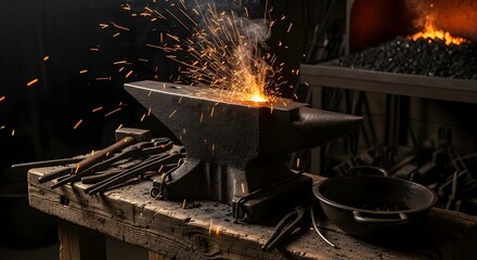 Sparks flying from hot metal being forged on an anvil in a dark blacksmith workshop