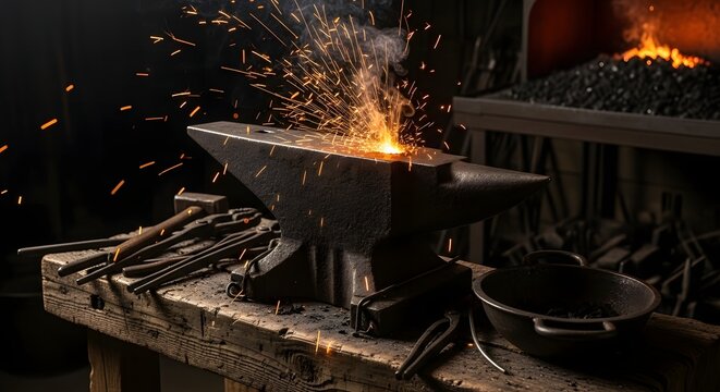 Sparks flying from hot metal being forged on an anvil in a dark blacksmith workshop - Powered by Adobe