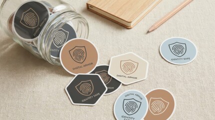 a contemporary sticker collection depicting a fingerprint within a protective shield set against a soft neutral backdrop