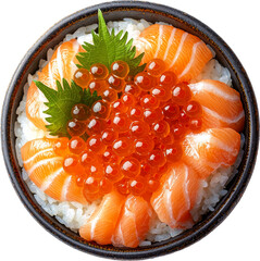 a salmon sashimi bowl with rice and ikura 