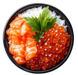 a salmon sashimi bowl with rice and ikura 