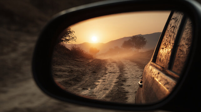 A scenic view of a dusty road reflected in a side mirror, with the sun setting in the distance. The overall image gives a feeling of adventure and travel