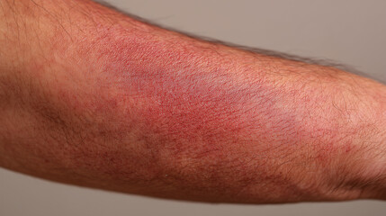 Naklejka premium Upper arm with redness, dryness, and rough skin texture, showing irritation and possible eczema or dermatitis, close up detail of adult male skin condition