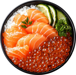 a salmon sashimi bowl with rice and ikura 