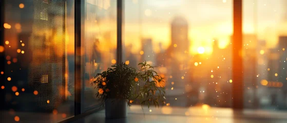 Stickers Ziekenhuis A plant on a windowsill overlooking the city sunset conveys the harmony of nature and urbanisation, suitable for interior design or meditative applications as a soothing atmospheric backdrop.  © COK House