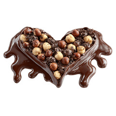 Delicious heart shaped dark chocolate confection overflowing with whole hazelnuts and crunchy chocolate chips on transparent background