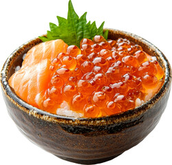 a salmon sashimi bowl with rice and ikura 