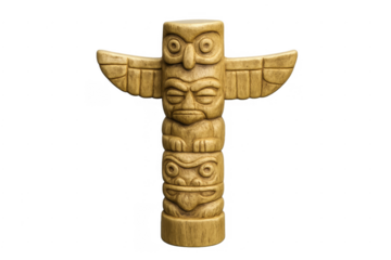 Traditional wood carved totem pole with figures