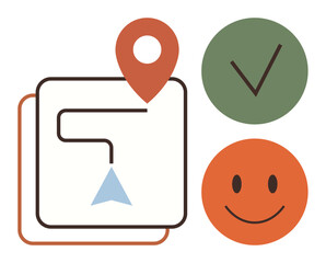 Path with location marker, checkmark, and happy face suggesting direction, goal completion, and achievement. Ideal for navigation, progress, success, satisfaction positivity user experience
