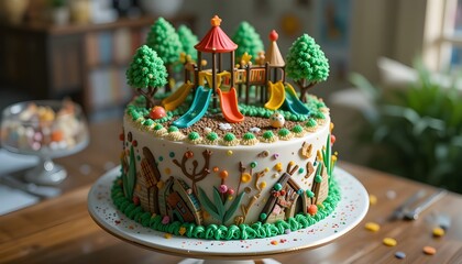 birthday cake for kids which is decorated with park swings