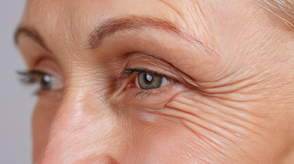 Obraz premium Extreme close up of mature woman eye area showing delicate fine lines, wrinkles, and natural skin texture, highlighting aging process and healthy complexion