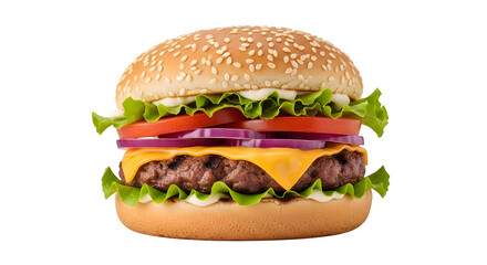 Delicious classic cheeseburger with fresh ingredients like lettuce tomato and onion isolated on transparent background