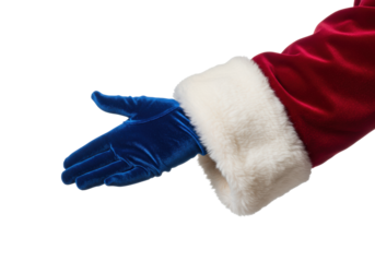 Ultra-close-up of a santa-like figure's arm; deep blue velvet glove and crimson cuff with thick white sheepskin fur trim, presenting a gesture on transparent studio background. Concept for luxury