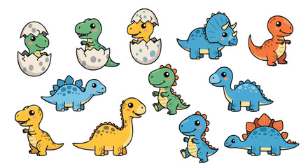 Colorful flat 2D vector icons of cute prehistoric baby dinosaur hatchlings isolated on a clean white background, perfect for fun children's themes. © Rahmanart