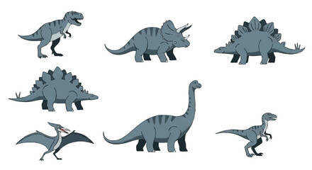 Flat 2D vector illustration featuring a set of minimal prehistoric animal icons, including Tyrannosaurus Rex and Triceratops, isolated on a clean white background.