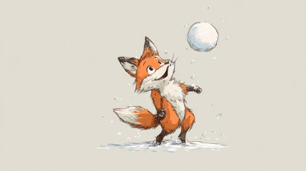 Obraz premium Cute cartoon fox playfully looking up at a snowball, ready to catch it in the winter
