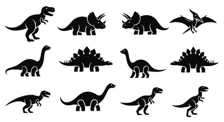 Minimal 2D flat design monochrome dinosaur icon pack, showcasing essential prehistoric animal silhouettes like T-Rex, Triceratops, and Pterodactyl, isolated vector illustration on white.