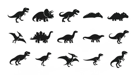 Simple prehistoric dinosaur creatures silhouette icon pack, a collection of flat 2D vector illustrations isolated on a plain white background.