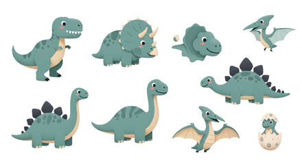 Friendly prehistoric animal icons, presented as a flat 2D vector set with round edges, showcasing cute cartoon dinosaurs on an isolated white background. © Rahmanart