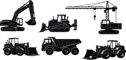 Heavy construction machinery silhouettes, excavator, bulldozer, tower crane, front loader, dump truck, industrial equipment, earthmoving tools, engineering vehicles, vector illustration,  © RABBI