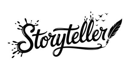 Illustration of the word storyteller in a decorative black font with a feather and birds flying