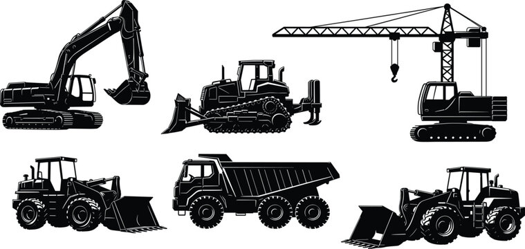 Heavy construction machinery silhouettes, excavator, bulldozer, tower crane, front loader, dump truck, industrial equipment, earthmoving tools, engineering vehicles, vector illustration, 