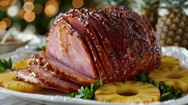 Glazed holiday ham with pineapple slices and festive bokeh background