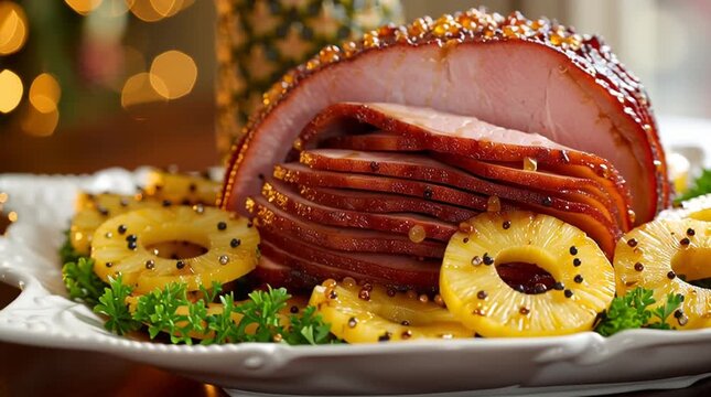 Glazed holiday ham slices with pineapple rings and parsley garnish