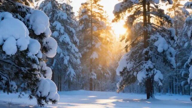 This immersive low-angle sequence glides gently along the snow-covered forest trail, where the ground is blanketed in a soft layer of white and pine trees stand tall on either side. As the camera adva