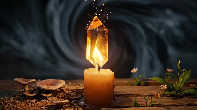 Candle Burns Into a Crystal With Mystical Smoke Background Concept