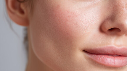 Obraz premium Smooth cheek with visible pores, natural skin texture, and subtle redness, showing healthy complexion and soft lips in close up macro shot, evoking calm and fresh feeling