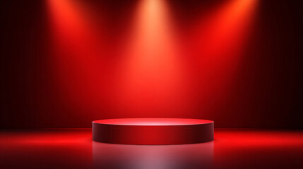 Red studio setting with a limbo-style podium, featuring dark red gradient walls and floors under a spotlight. Vector stage mockup ideal for product showcases and promotions.