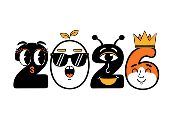 A whimsical illustration of the year 2026 depicted as anthropomorphic characters with distinct personalities and features.