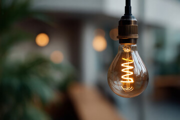 A softly lit image of a retro light bulb showcasing a spiral filament that emits a comforting warmth. The subtle background tones contribute to a modern yet vintage mood ideal for creative or ambient