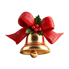 Golden christmas bell adorned with a vibrant red bow and festive holly berries on transparent background
