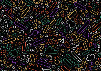 A vibrant, abstract pattern of colorful outlined geometric shapes and doodles on a black background.