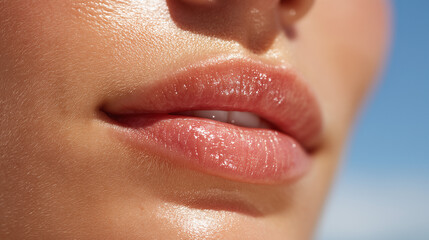 Close up of lips and cheek edge glowing with natural moisture, soft skin texture, healthy appearance, sunlight highlights, smooth complexion, sensual beauty