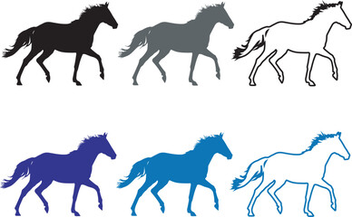Set of Running Horse Silhouettes and Outlines Vector Illustration