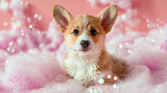 Corgi puppy relaxing in bubble bath with pink foam and floating bubbles, camera zooms in