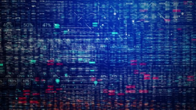 Futuristic digital data interface visualizing massive streams of information, system codes, percentages, and analytics panels in a deep blue sci-fi HUD environment, cybersecurity