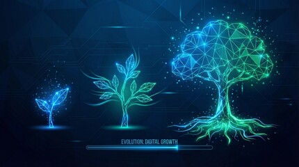 Digital illustration of three growth-stage plant icons evolving into a tree with neural-network nodes, symbolizing business transformation and digital maturity.