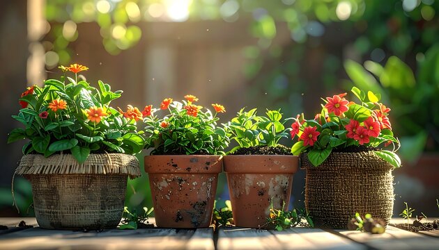 Four potted vibrant orange flowers sit on sunlit wood planks in a garden setting