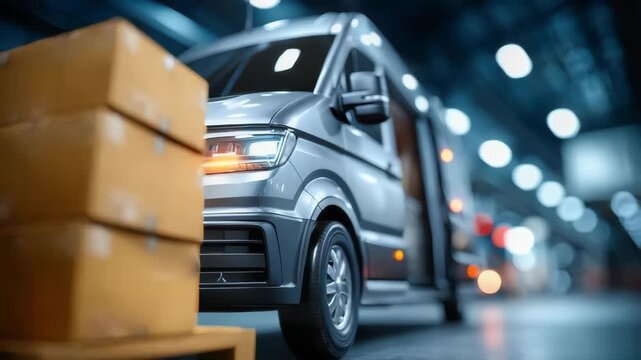 Modern silver delivery van parked indoors with stacked cardboard boxes in the foreground, illuminated by bright warehouse lighting