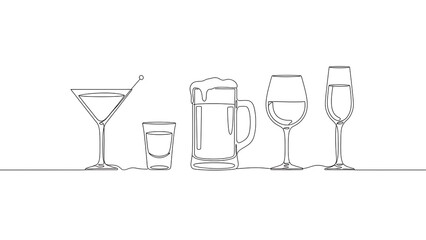A continuous line art illustration of five different types of drink glasses for various beverages.