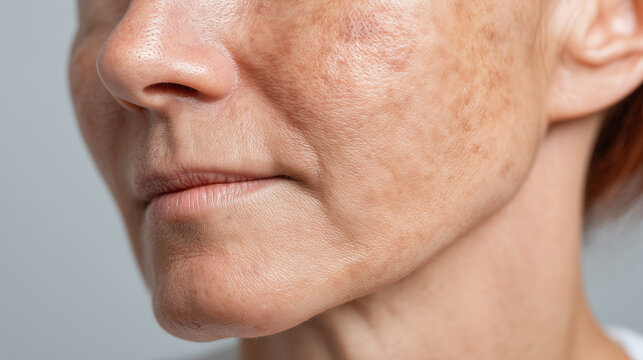 Close up of mature woman face showing skin texture, mild redness, pigmentation, and age spots on jawline, highlighting natural aging and realistic complexion