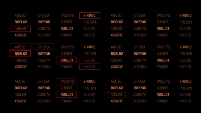 Futuristic digital interface with glowing HUD elements and alphanumeric data blocks, representing advanced technology, artificial intelligence systems, cybersecurity monitoring video overlay template