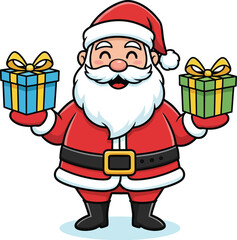 Cartoon Santa Claus Holding Gifts Illustration – Red Suit, Smiling Expression, and Wrapped Presents for Holiday or Christmas Design Assets