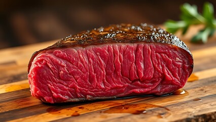 mediumrare. Juicy medium-rare steak cross-section on rustic wood, highlighting glistening meat fibers. menu design, packaging mockups, designed for culinary blogs and recipe cards for restaurants.